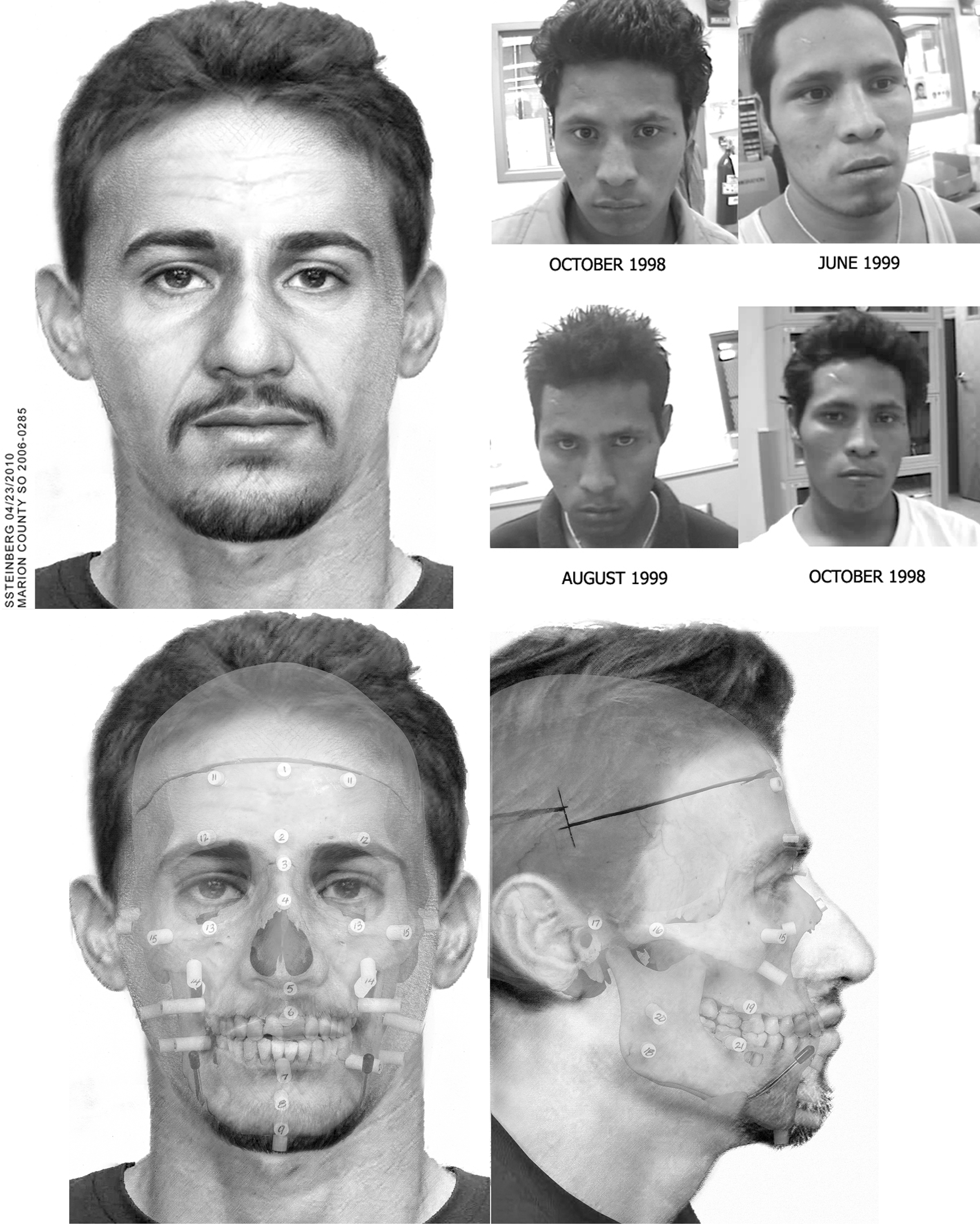 Eight part image showing two male subjects photos, forensic sketches, skulls with markers, and composites of skull overlayed with the sketch